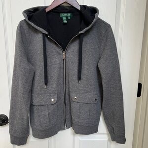 Lauren Ralph Lauren Gray Zip up with Black Hoodie Silver Buttons  Sz L LIKE NEW